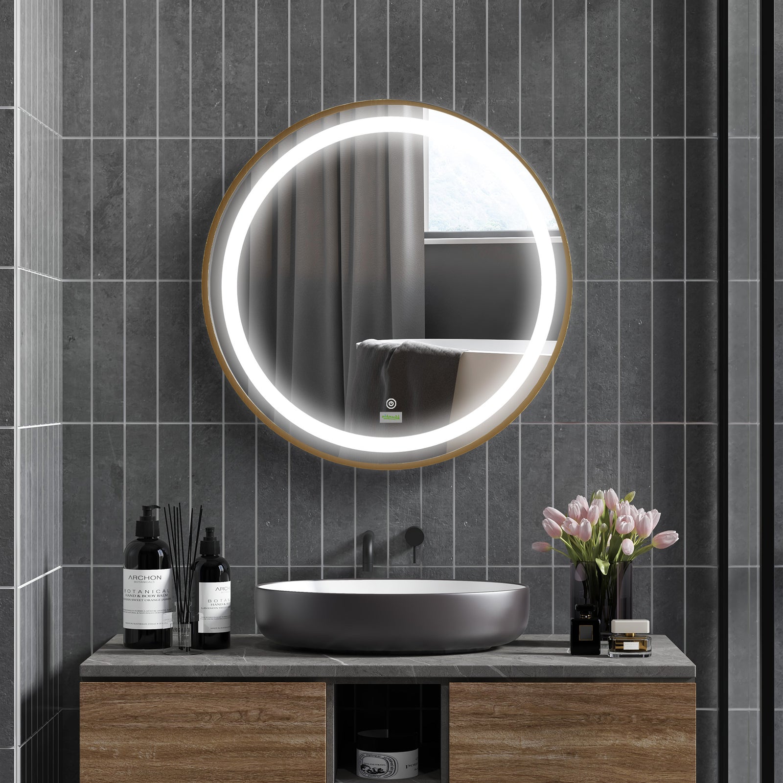 Round LED Bathroom Mirror, Dimmable Lighted Wall Mount Mirror with 3 Colours, Time Display, Memory Function, Hardwired