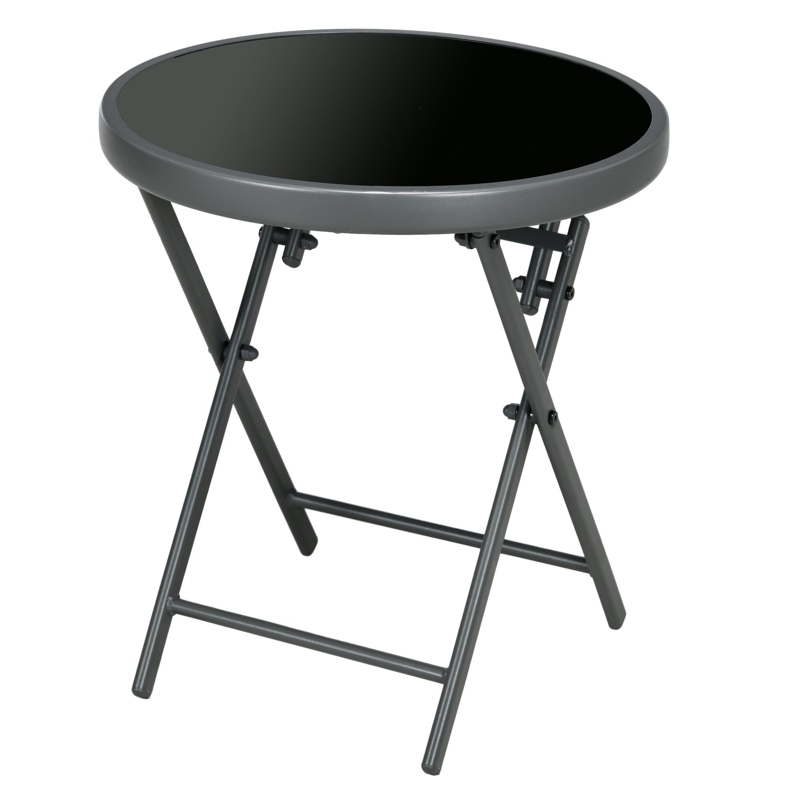 Φ45cm Garden Side Table, Outdoor Round Folding Patio Table with Imitation Marble Glass Top, Small Coffee Table, Black
