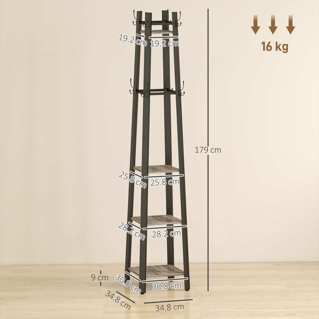Industrial Coat Stand with 8 Hooks and 4 Shelves - Grey