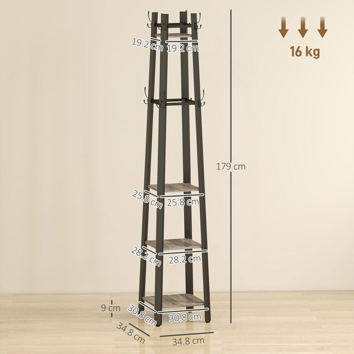 Industrial Coat Stand with 8 Hooks and 4 Shelves - Grey