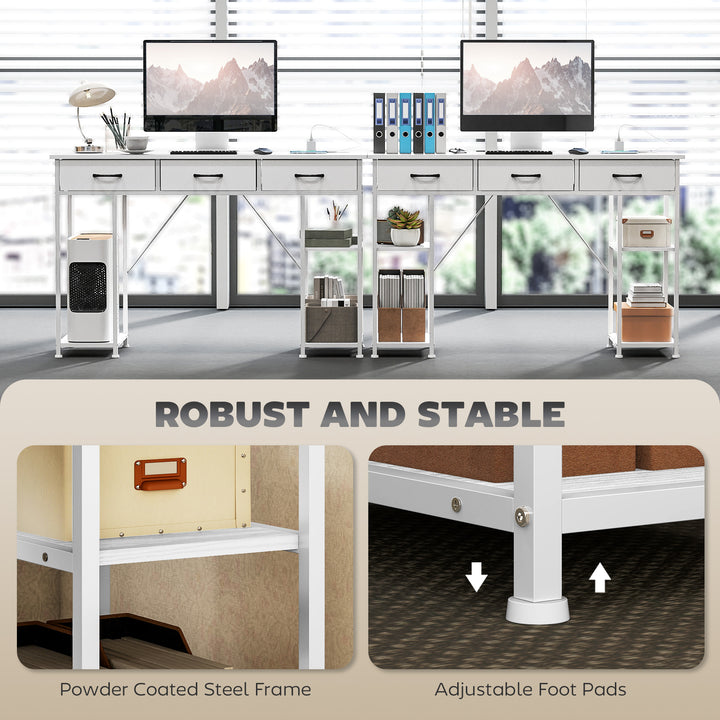 120cm Computer Desk with Power Outlets, Office Desk Study Table with 3 Fabric Drawers and 4 Storage Shelves, White