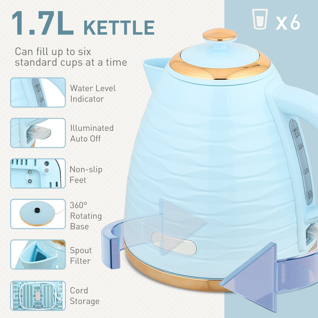 3000W 1.7L Kettle & 4 Slice Toaster, Kettle and Toaster Set with 7 Browning Controls and Crumb Tray, Light Blue