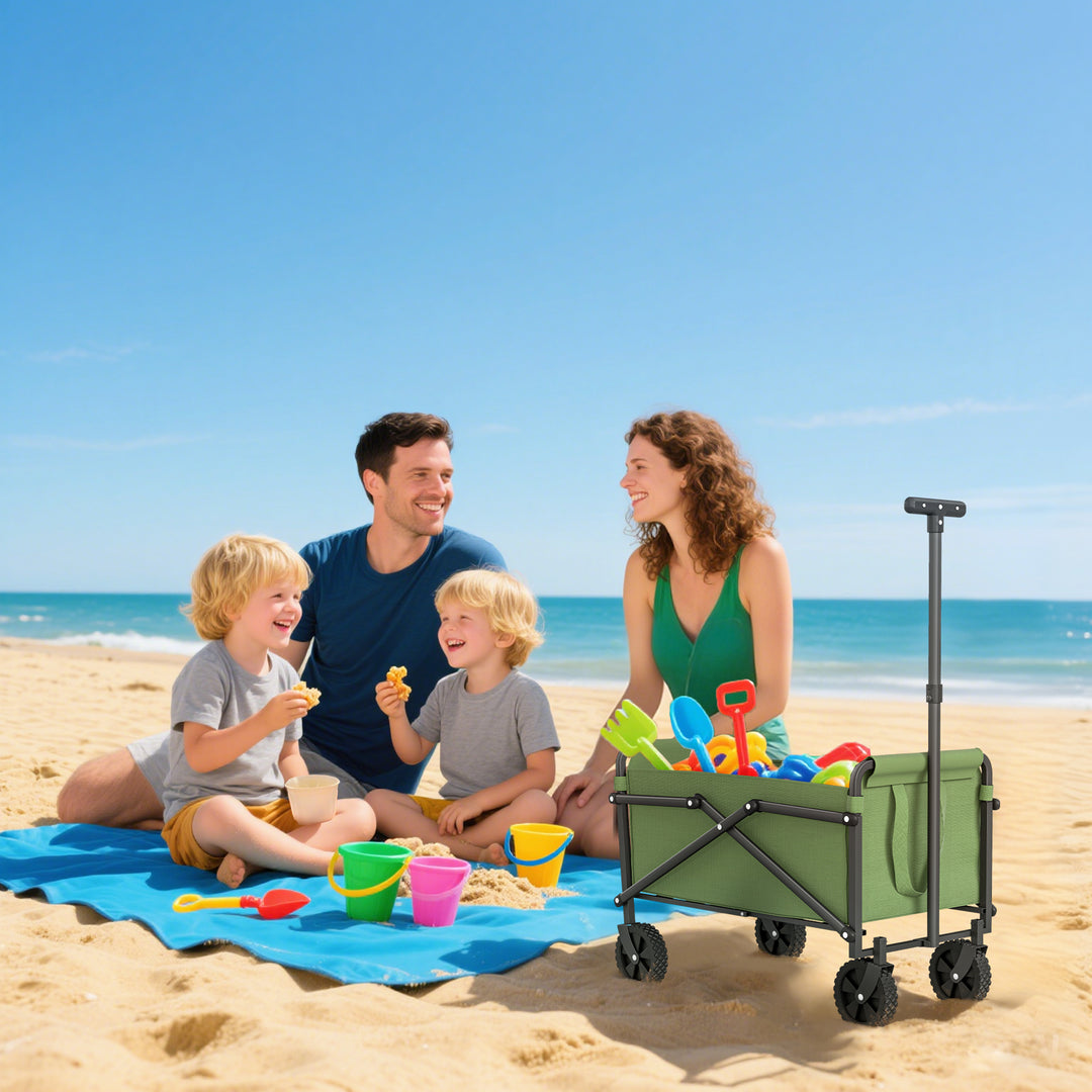 41L Festival Trolley on Wheels, Small Garden Folding Trolley Cart, 60kg Heavy Duty Collapsible Folding Wagon with Adjustable Handle and Carrying Bag for Beach, Camping, Festival, Green