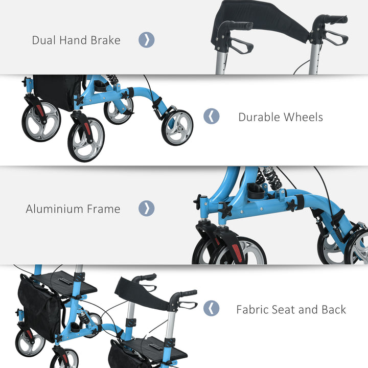 4 Wheel Rollator with Seat and Back, Lightweight Folding Mobility Walker with Large Wheels, Carry Bag, Adjustable Height, Aluminium Walking Frame with Dual Brakes for Seniors, Blue