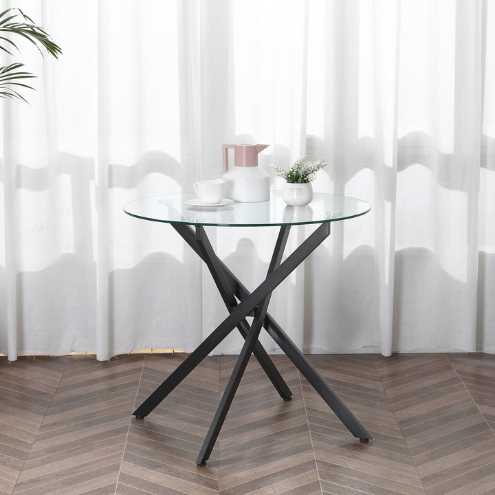 HOMCOM Side Table with Clear Tempered Glass Top, Round Table with Metal Legs, Modern Dining Table Furniture for Dining Living Room, Black | Aosom UK