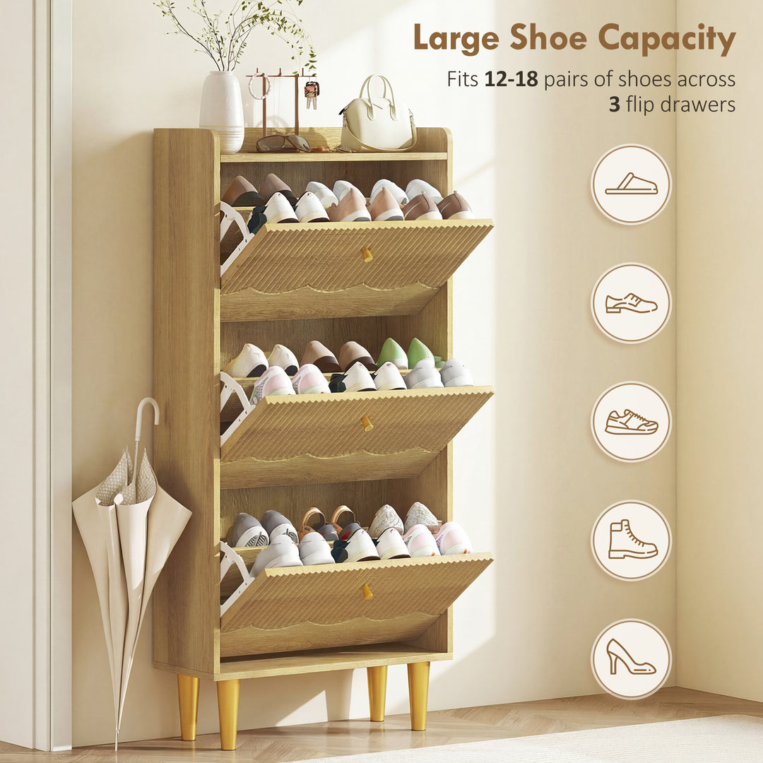 Narrow Shoe Cabinet, Modern Shoe Storage Cabinet with 3 Flip Drawers, 