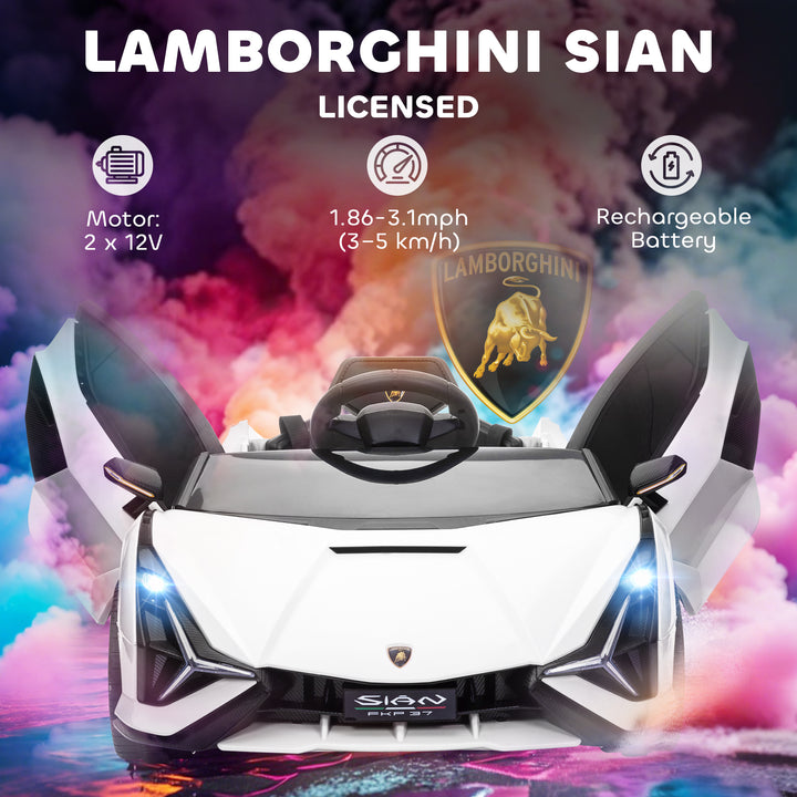 MCL Lamborghini Sian Licensed 12V Electric Car for Kids 2 Motors Toy Car with Remote Control Music Lights MP3 for 3-5 Years White