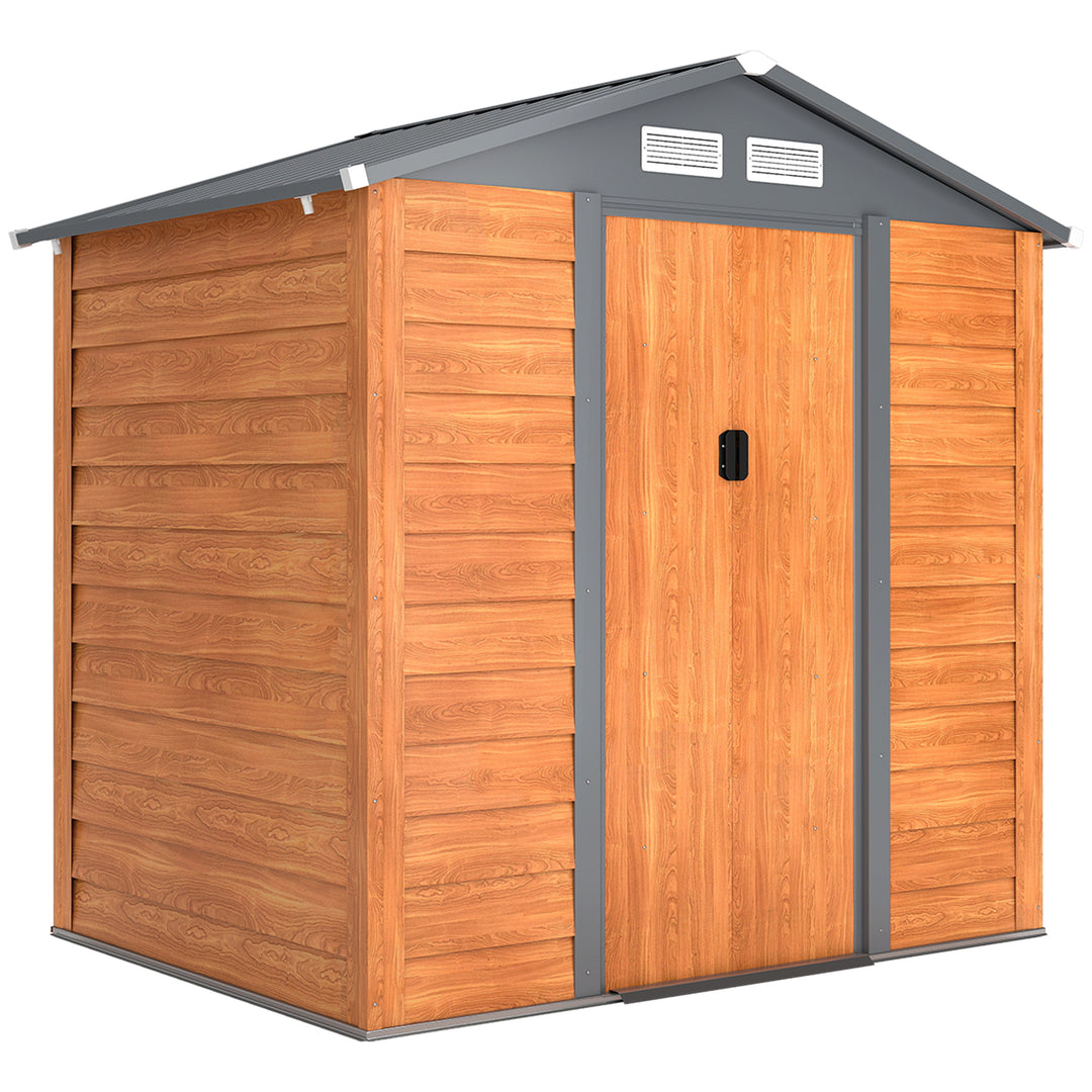 6.5 x 5ft Metal Garden Shed, House Hut Gardening Tool Storage with Ventilations, Sliding Door, Sloped Roof for Garden, Patio, Brown