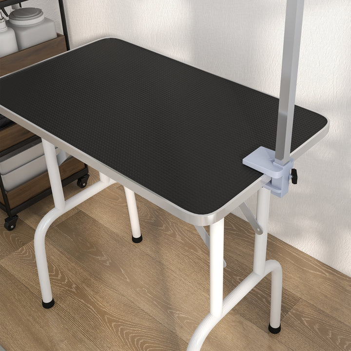 32" Foldable Dog Grooming Table Pet Drying Beauty Table Adjustable Fixed Arm Rubber Top, Black