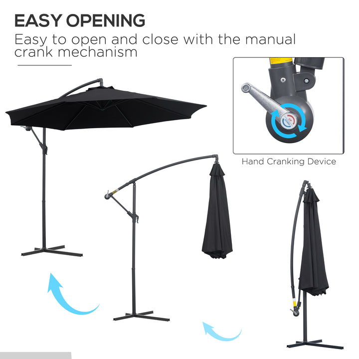 Outsunny 3(m) Garden Cantilever Parasol Patio Banana Hanging Umbrella Sun Shade with Crank & Tilt, 8 Ribs and Cross Base, Black | Aosom UK