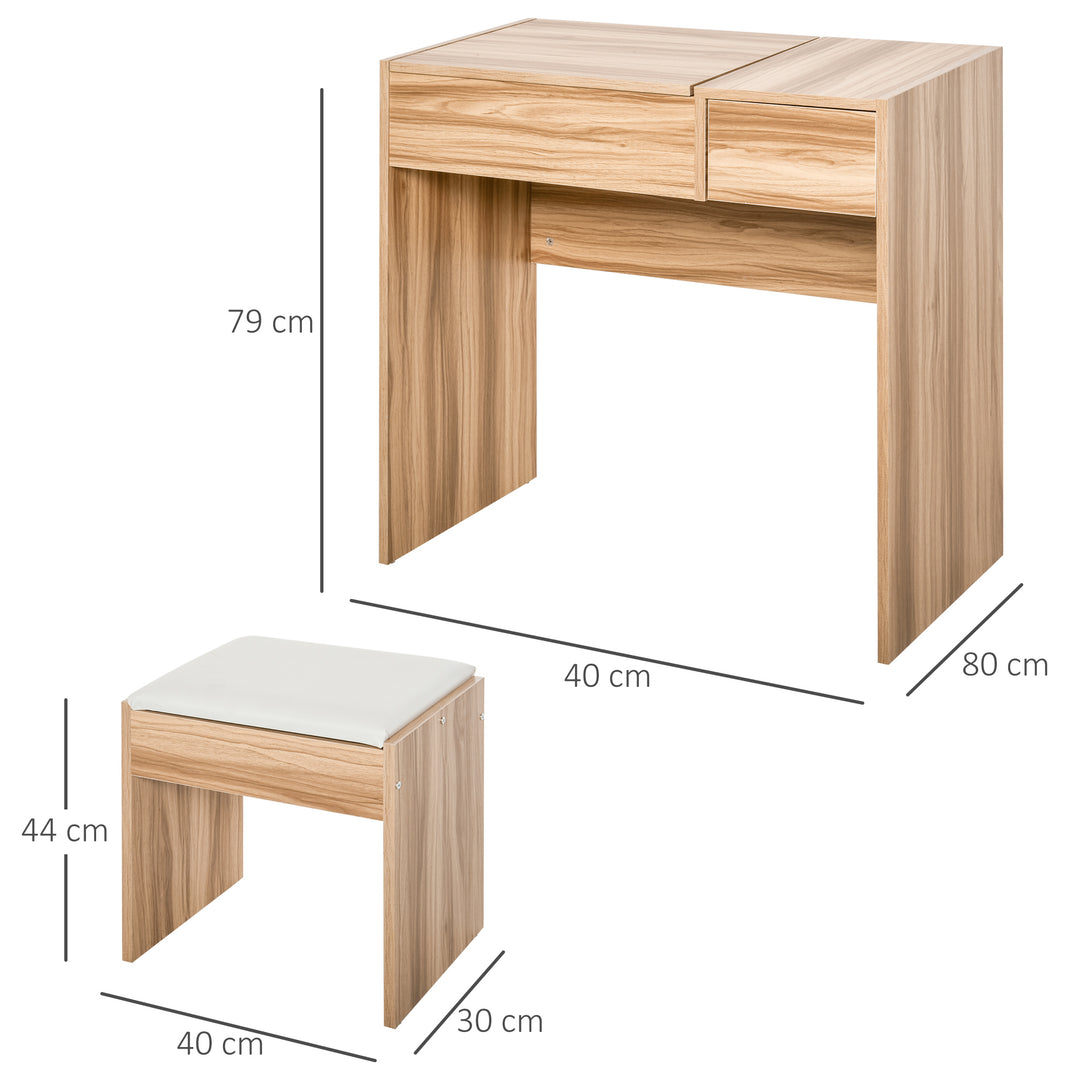 Dressing Table with Flip-Up Mirror and Cushioned Stool, Makeup Vanity Desk with Hidden Compartments and Storage Drawer, Convertible Writing Table for Bedroom, Natural