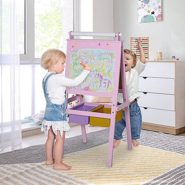 MCL Kids Easel 3 in 1 Wooden Art Easel with Paper Roll Double-Sided Chalkboard & Whiteboard with Storage Baskets for Toddler Girls, Pink