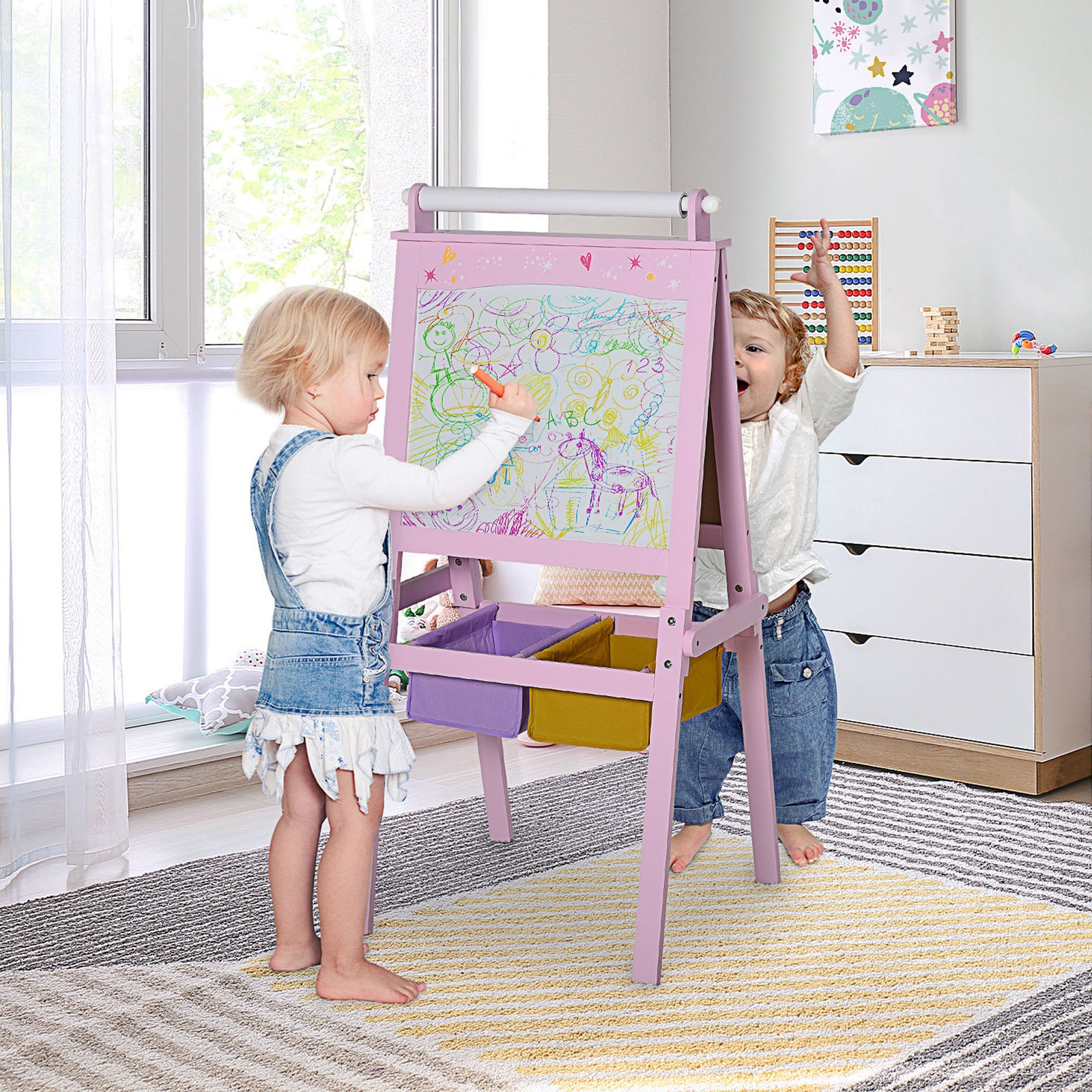 Kids Easel 3 in 1 Wooden Art Easel with Paper Roll Double-Sided Chalkboard & Whiteboard with Storage Baskets for Toddler Girls, Pink