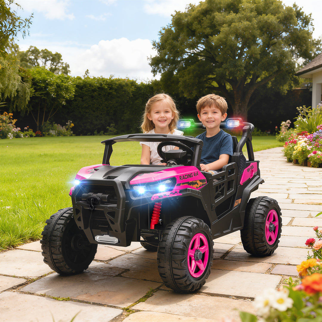 MCL 24V Electric Ride on Car, 2-Seater Electric Car for Kids with Remote, Bluetooth, Soft Start, Suspension Spring, Pink