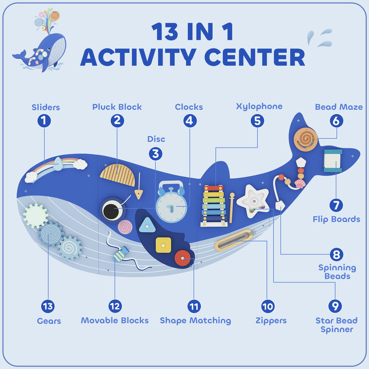 Whale Activity Wall Busy Board, 13 in 1 Montessori Inspired Sensory Wa