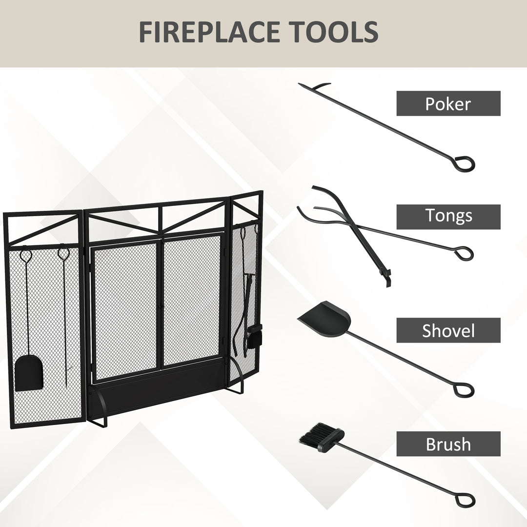3 Panel Folding Fire Guard Screen with Fireplace Tool Sets and Front Doors, Freestanding Fire Screen Spark Guard with Feet for Open Fire, Log Burner, Fireplace, 122 x77 cm, Black