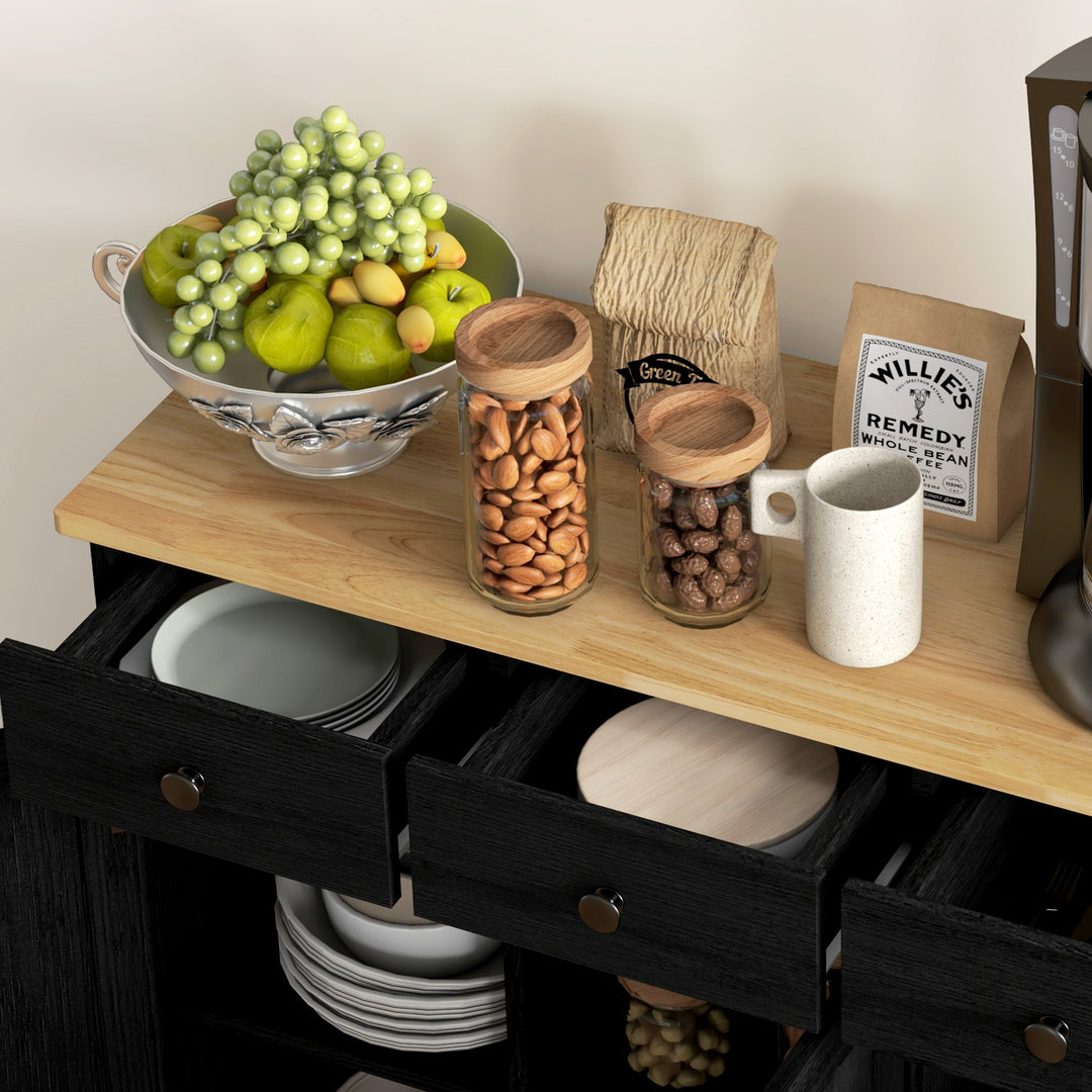 Sideboard with Rubberwood Top and Adjustable Shelves for Dining Room, Kitchen - Black Wood-Effect