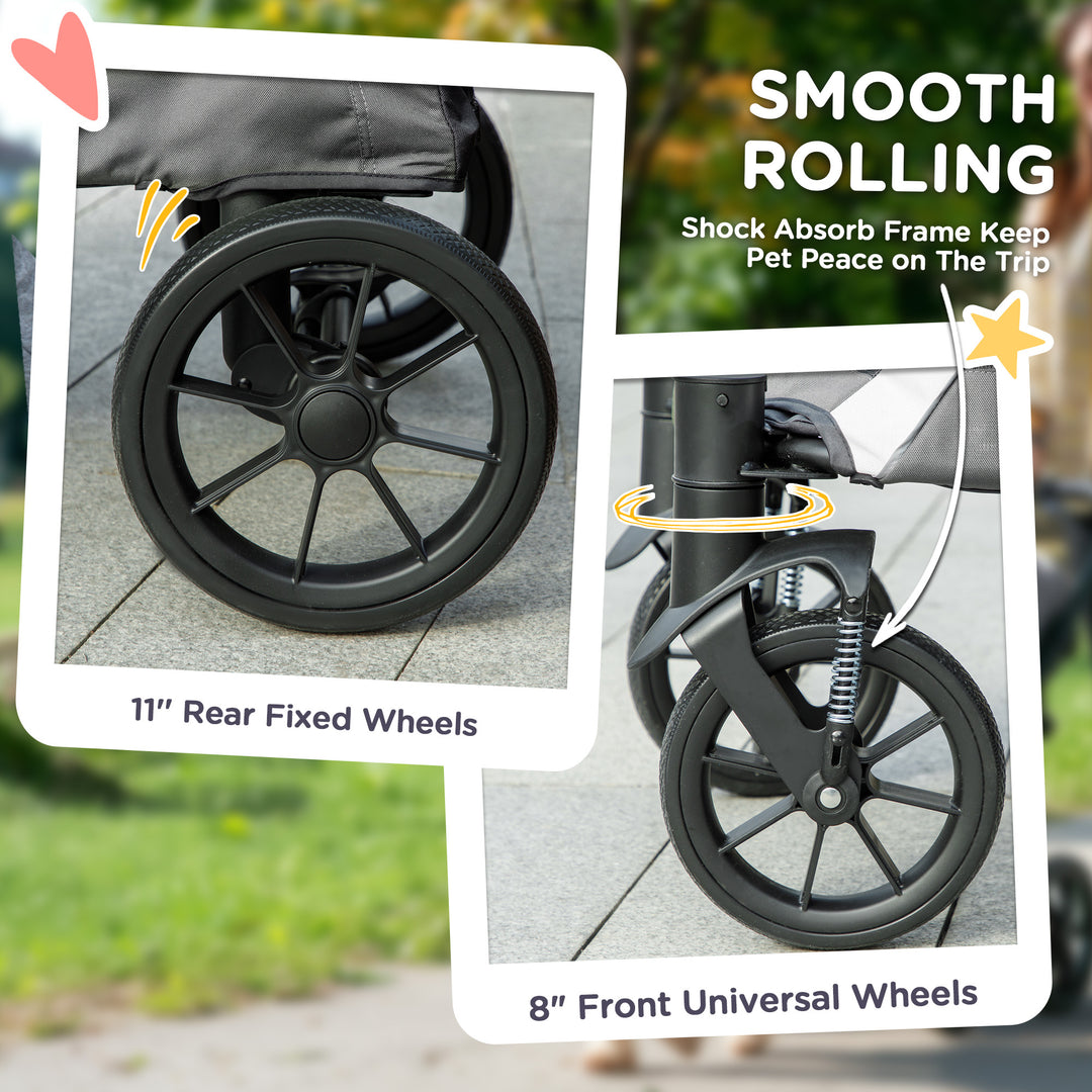 Foldable Pet Stroller for Large Dogs with 4 Big Wheels, Shock-Absorbing Frame, Safety Leashes, Brakes, Dark Grey