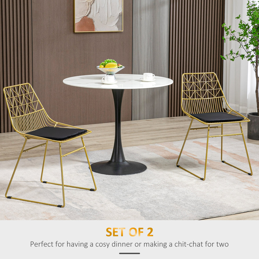 Luxurious Dining Chairs Set of 2, Metal Wire Kitchen Chair with Removable Velvet-feel Cushion, Cut-out Back and Steel Frame for Dining Room, Gold Tone