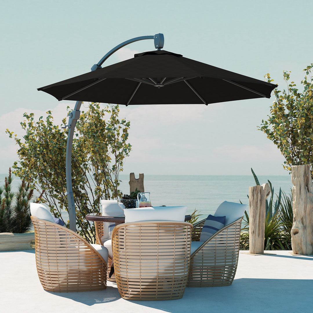 3(m) Garden Cantilever Parasol, Round Overhanging Umbrella with Crank Handle, Cross Base, Aluminium Frame and 360° Rotation, Banana Patio Umbrella for Outdoor Sun Shade, Black