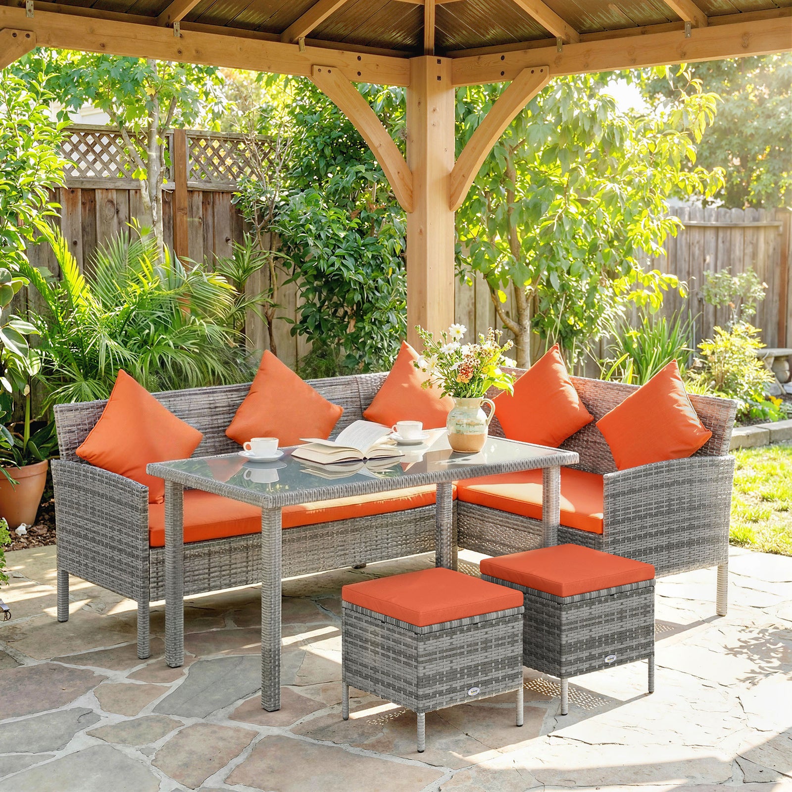 6-Seater Rattan Dining Set Sofa Table Footstool Outdoor w/ Cushion Gar