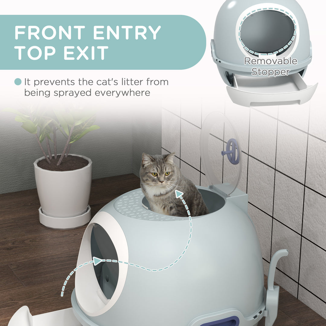 MCL Cat Litter Box Toilet with Litter Scoop Enclosed Drawer, Front Entry Top Exit, Easy To Clean Blue