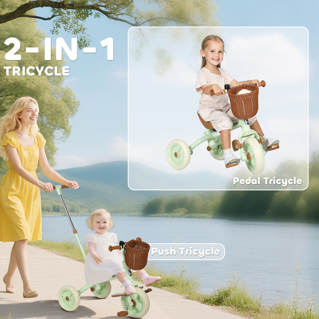 AIYAPLAY 2-In-1 Toddler Trike for 2-5 Years Old, 3 Wheel Bike with Adjustable Parent Handle, Basket for Boys and Girls, Green