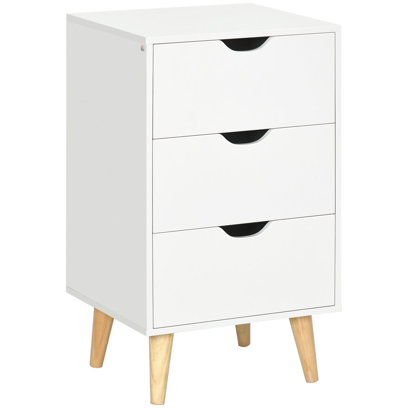 Bedside Table, Bedside Cabinet with 3 Drawers, Small Side Table with Wood Legs and Cut-out Handles for Bedroom, White