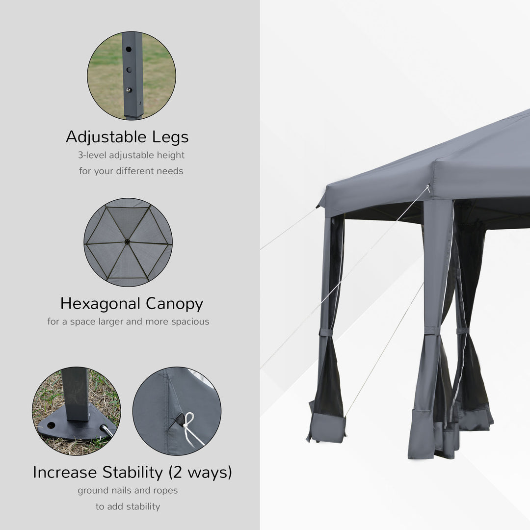 3.8m x 3.2m Pop Up Gazebo Hexagonal Canopy Tent Outdoor Sun Protection with 6 Mesh Sidewalls, Hand Bag, Grey