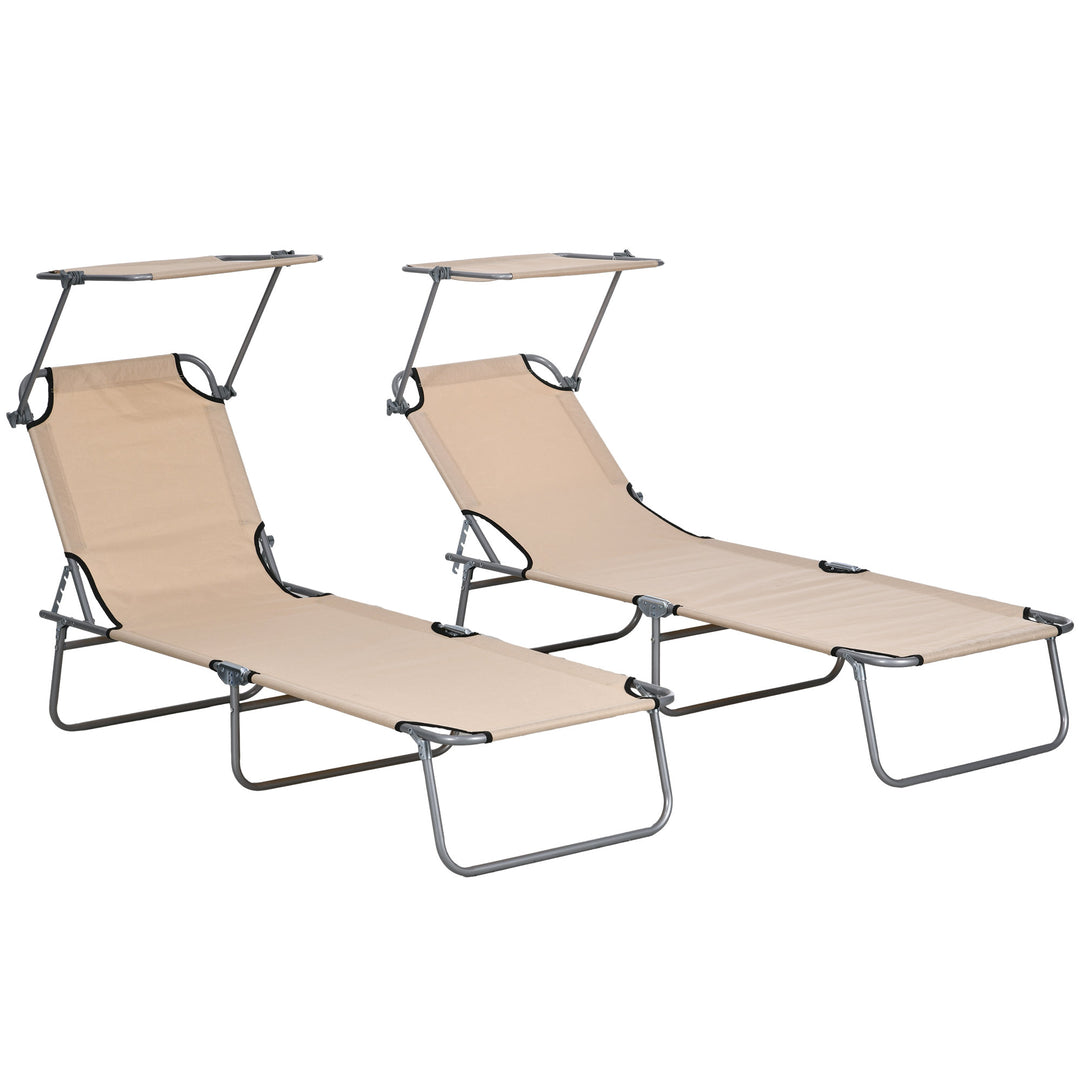 Outdoor Foldable Sun Lounger Set of 2, 4 Level Adjustable Backrest Reclining Sun Lounger Chair with Angle Adjust Sun Shade Awning for Beach, Garden, Patio, Sand