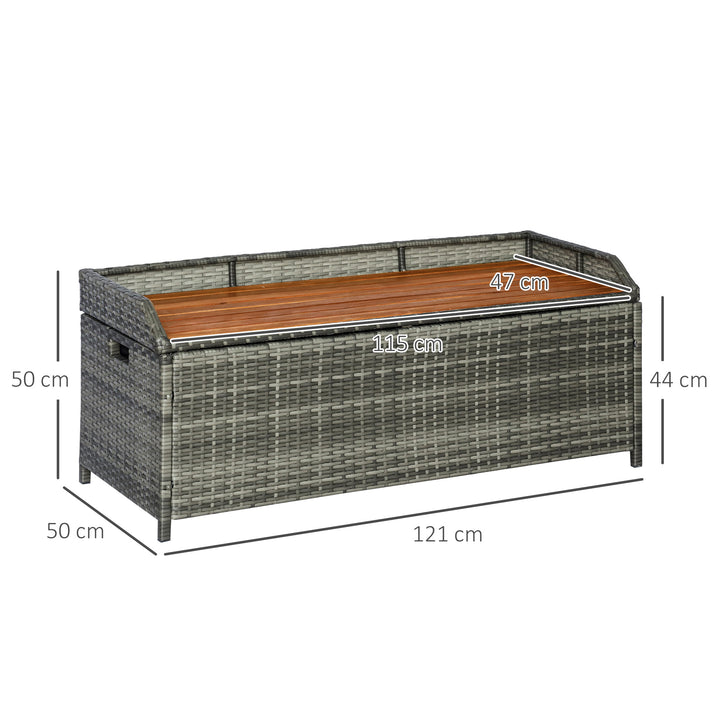 Patio Wicker Storage Bench Box, Outdoor Garden PE Rattan Pool Storage Deck Bin Box w/ Natural Wood Top, Lid, Ideal for Storing Tools, Accessories and Toys, Mixed Grey