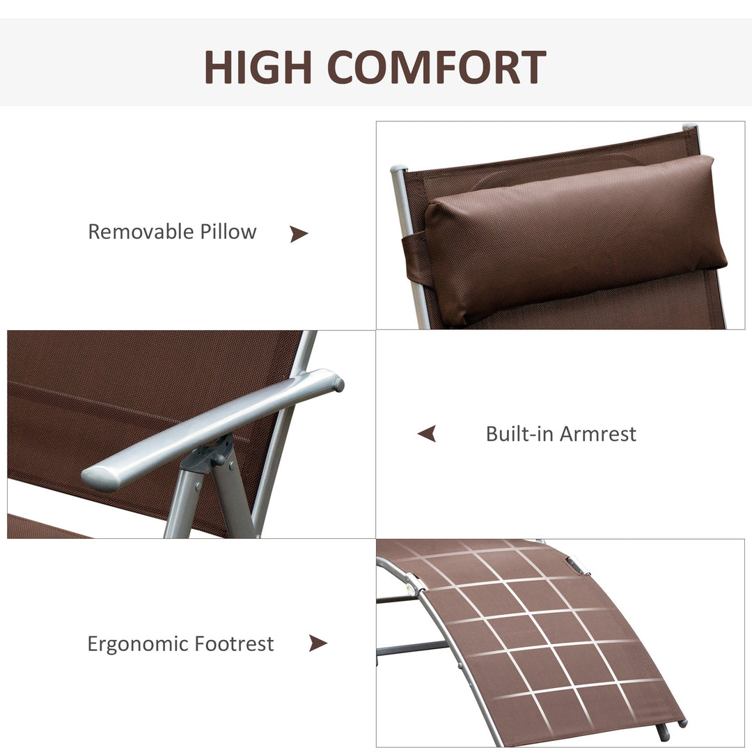 Sun Lounger Steel Frame Outdoor Folding Chaise Texteline Lounge Chair Recliner with Headrest & 7 Levels Adjustable Backrest, Brown