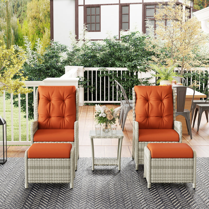 5 Pieces Rattan Bistro Set with Adjustable Back, Reclining Wicker Balcony Furniture with Cushions, Glass Top Coffee Table and Footstools, Outdoor Table and Chairs, Orange