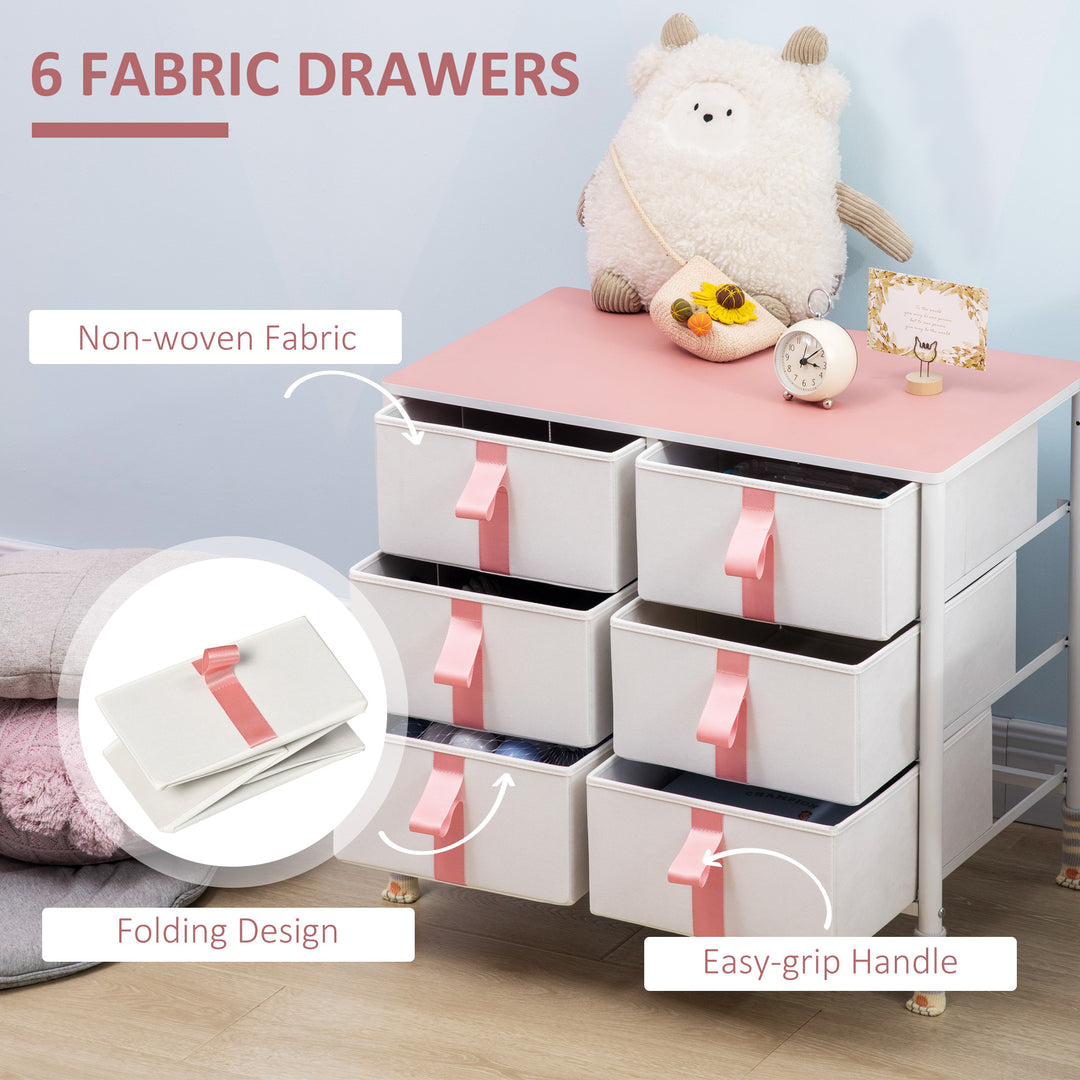 Chest of Drawers, Cloth Organizer Unit with 6 Fabric Drawers, Metal Frame and Wooden Top, Storage Cabinet for Kids Room, Living Room, Closet, Hallway, Pink