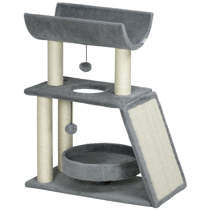 PawHut Cat Tree Tower: Scratching Posts, Cosy Bed & Perch, Interactive Ball Toy for Feline Fun, Light Grey | Aosom UK