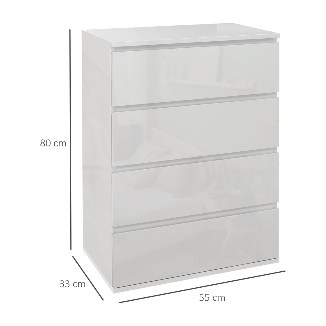 HOMCOM 4 Drawer Chest, High Gloss Storage Cabinets, Modern Bedroom Dresser, Sleek White
