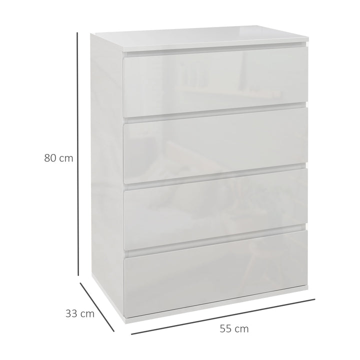 HOMCOM 4 Drawer Chest, High Gloss Storage Cabinets, Modern Bedroom Dresser, Sleek White