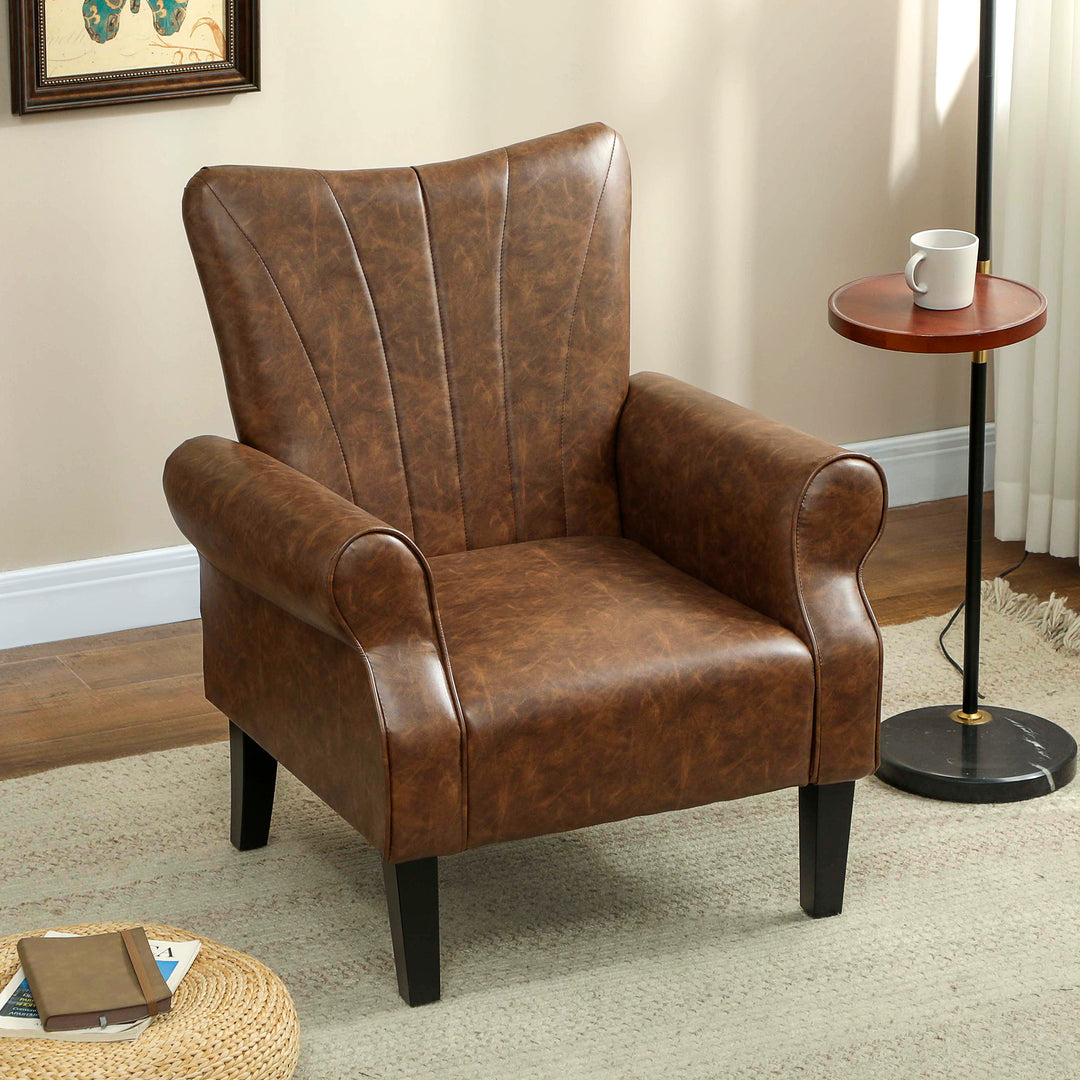 Upholstered Accent Chair with Rolled Arms and Wood Legs, Armchair for Living Room Bedroom, Brown