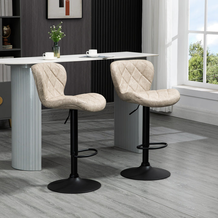 Bar Stools, Set of 2 Breakfast Bar Chairs, Swivel Barstools with Backrest and Footrest, Steel Frame Diamond Pattern PU, for Kitchen Counter, Dining Room, Light Khaki