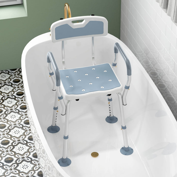 EVA Padded Shower Chair for the Elderly and Disabled, Height Adjustable Shower Stool with Back and Arms, 4 Suction Foot Pads, Light Blue