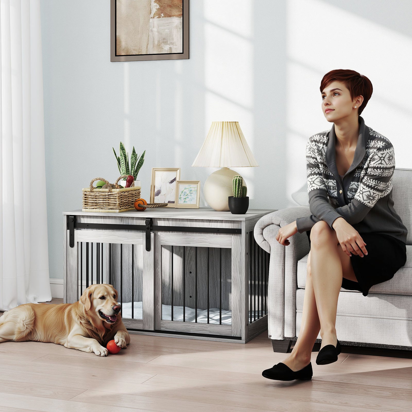 98cm Dog Crate Furniture with Removable Cushion for Large Dogs - Grey