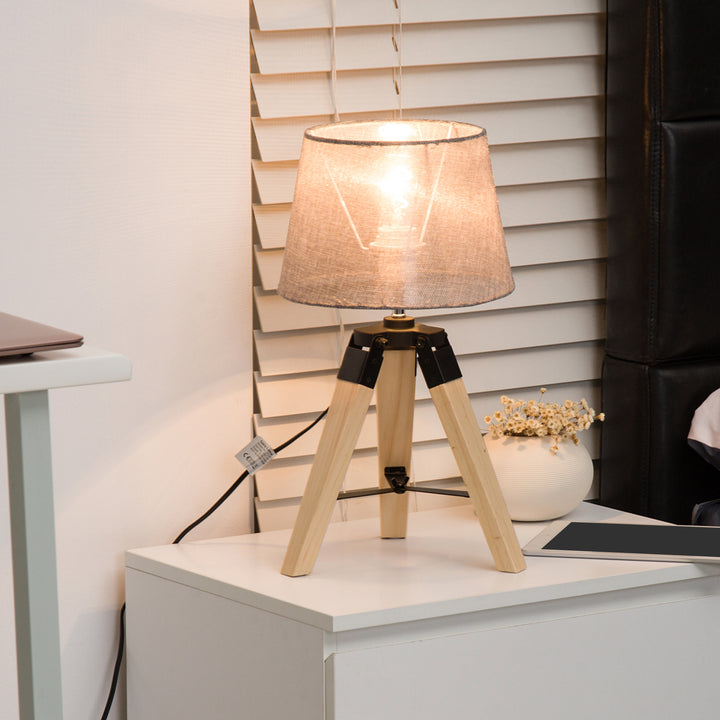 HOMCOM Wooden Tripod Table Lamp for Side, Desk or End Table with E27 Bulb Base（Grey Shade）