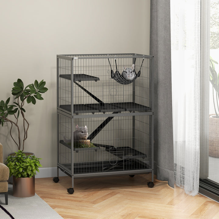 PawHut Small Animal Cage for Chinchilla Ferret Kitten on Wheels with Hammock Removable Tray, Silver Grey