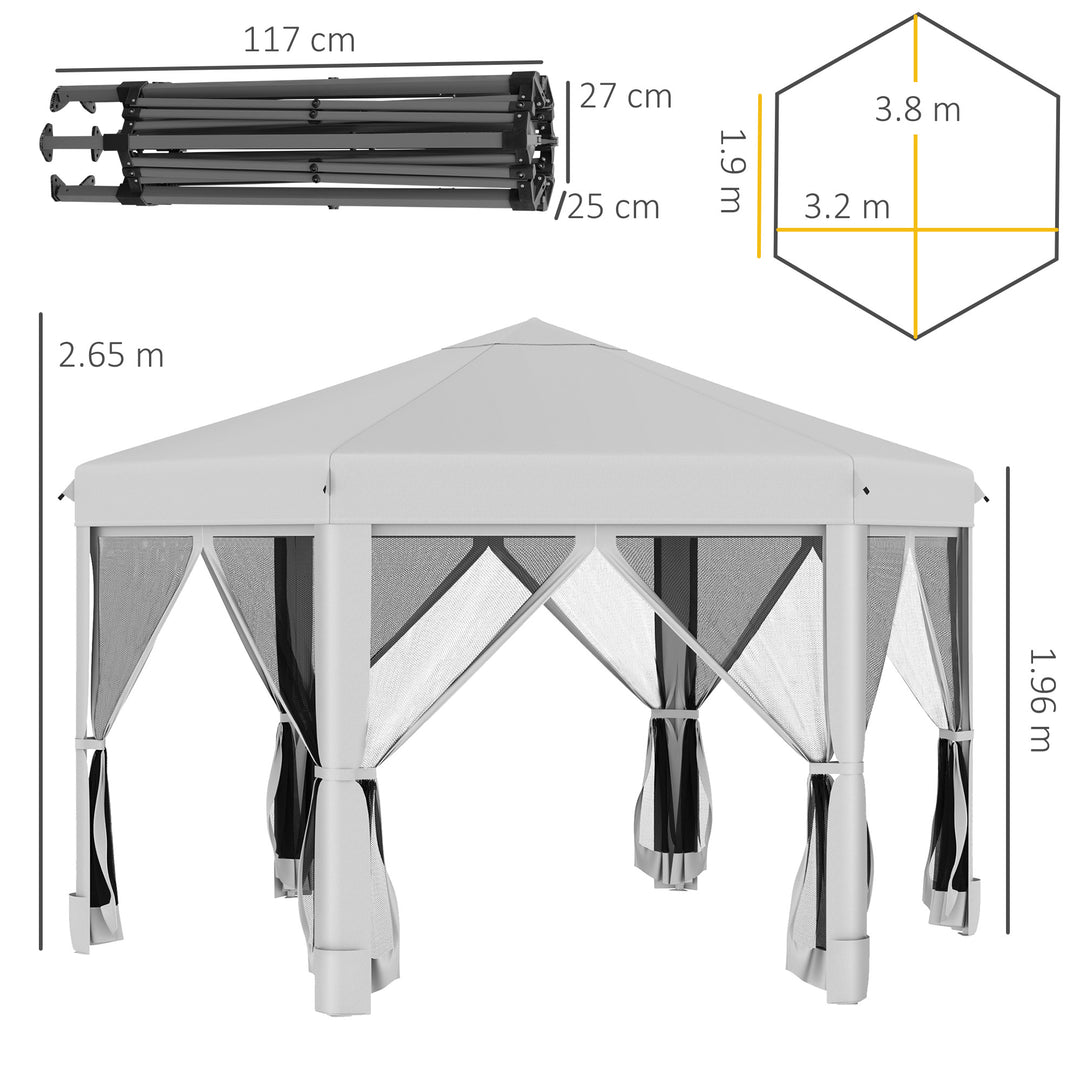 MCL 3.2m Pop Up Gazebo Hexagonal Canopy Tent Outdoor Sun Protection with Mesh Sidewalls, Handy Bag, Light Grey