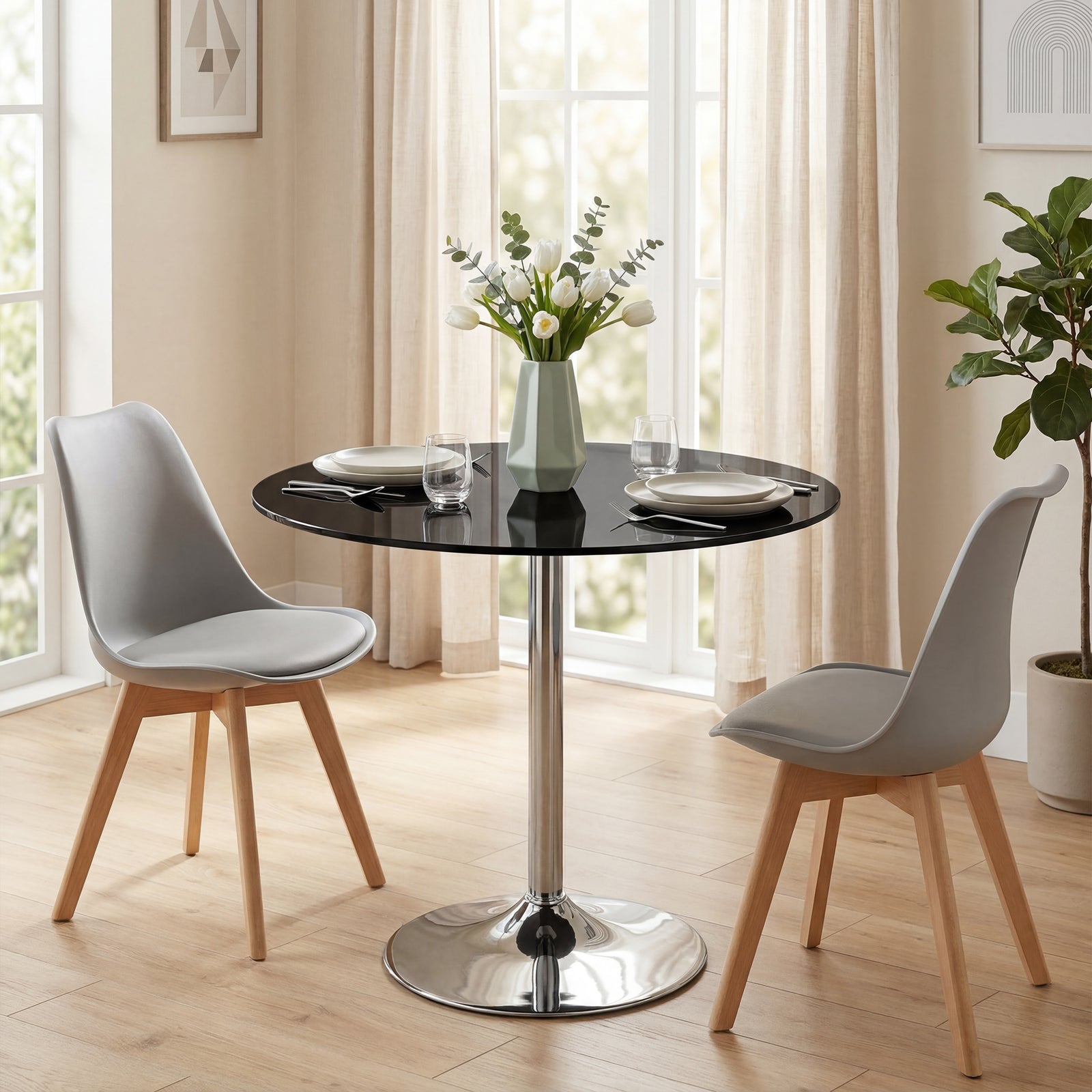 Round Bar Table, Modern Dining Table with Tempered Glass Top and Steel