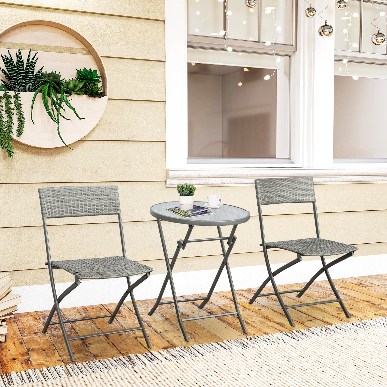 3 Pieces Rattan Bistro Set, Wicker Folding Garden Furniture Set with Glass Top Coffee Table and Chairs for Outdoor, Patio, Balcony, Grey