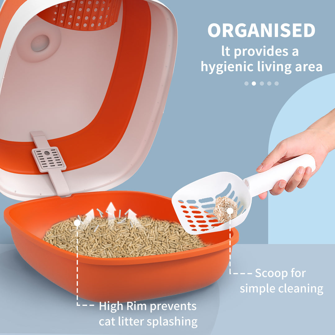 PawHut Foldable Cat Litter Tray with Lid, Deodorant, Scoop, Orange | Aosom UK