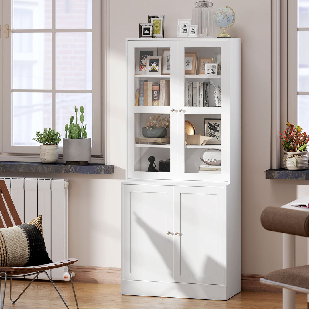 Modern Bookcase with Glass Doors, Display Storage Cabinet with Adjustable Shelves for Living Room, Study, Home Office, Kitchen Cupboard with Small Open Counter, White