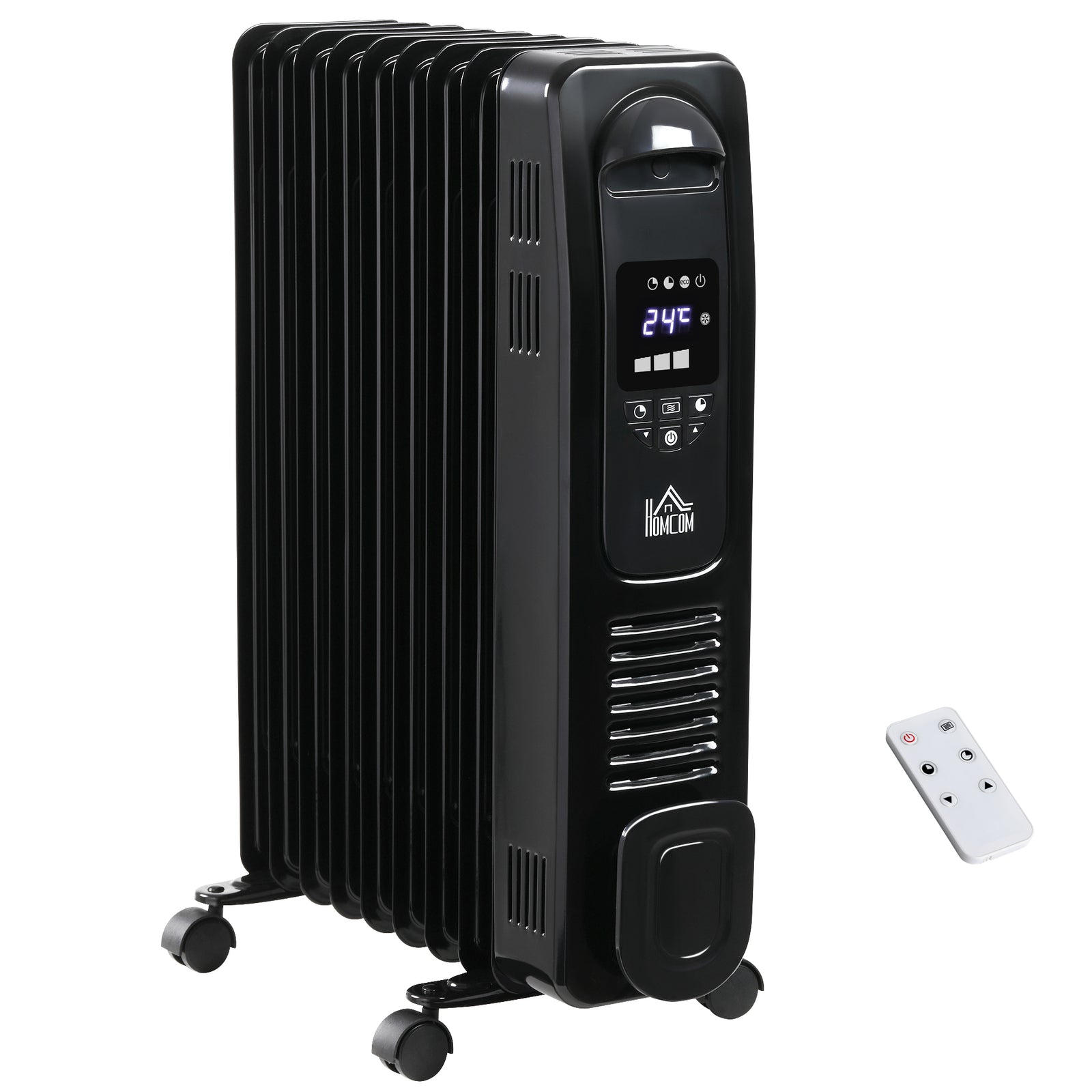 2000W Digital Oil Filled Radiator, 9 Fin, Portable Electric Heater with LED Display, Timer, 3 Heat Settings, Safety Cut-Off and Remote Control, Black