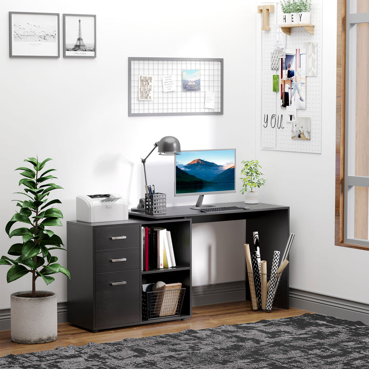 L Shaped Computer Desk, Reversible Home Office Desk with Drawers, File Cabinet and Storage Shelves, Study Table, 117 x 83.5 x 76cm, Black